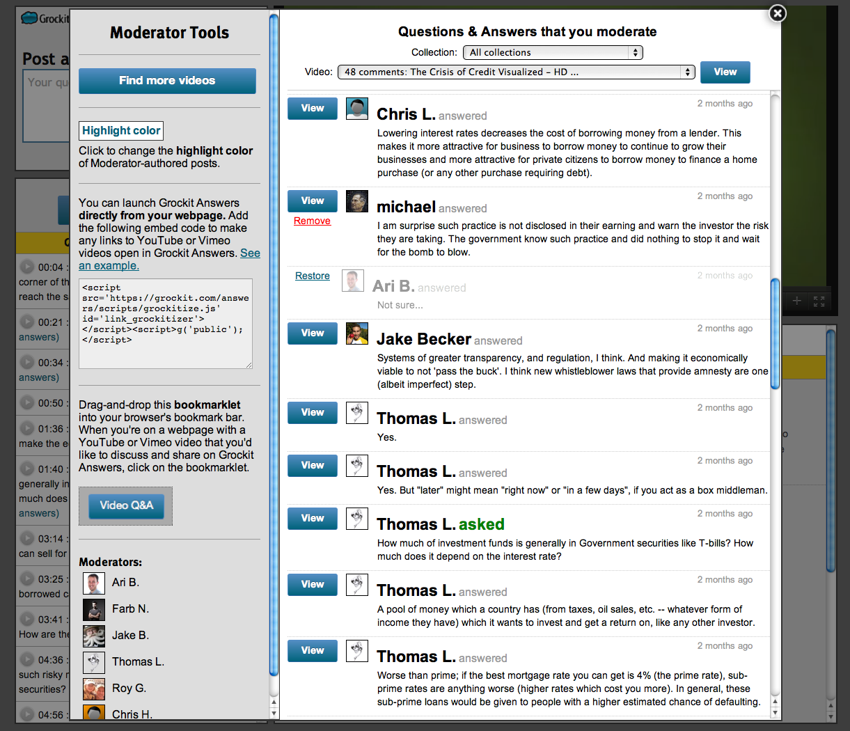 Screenshot of moderator view in Grockit Answers