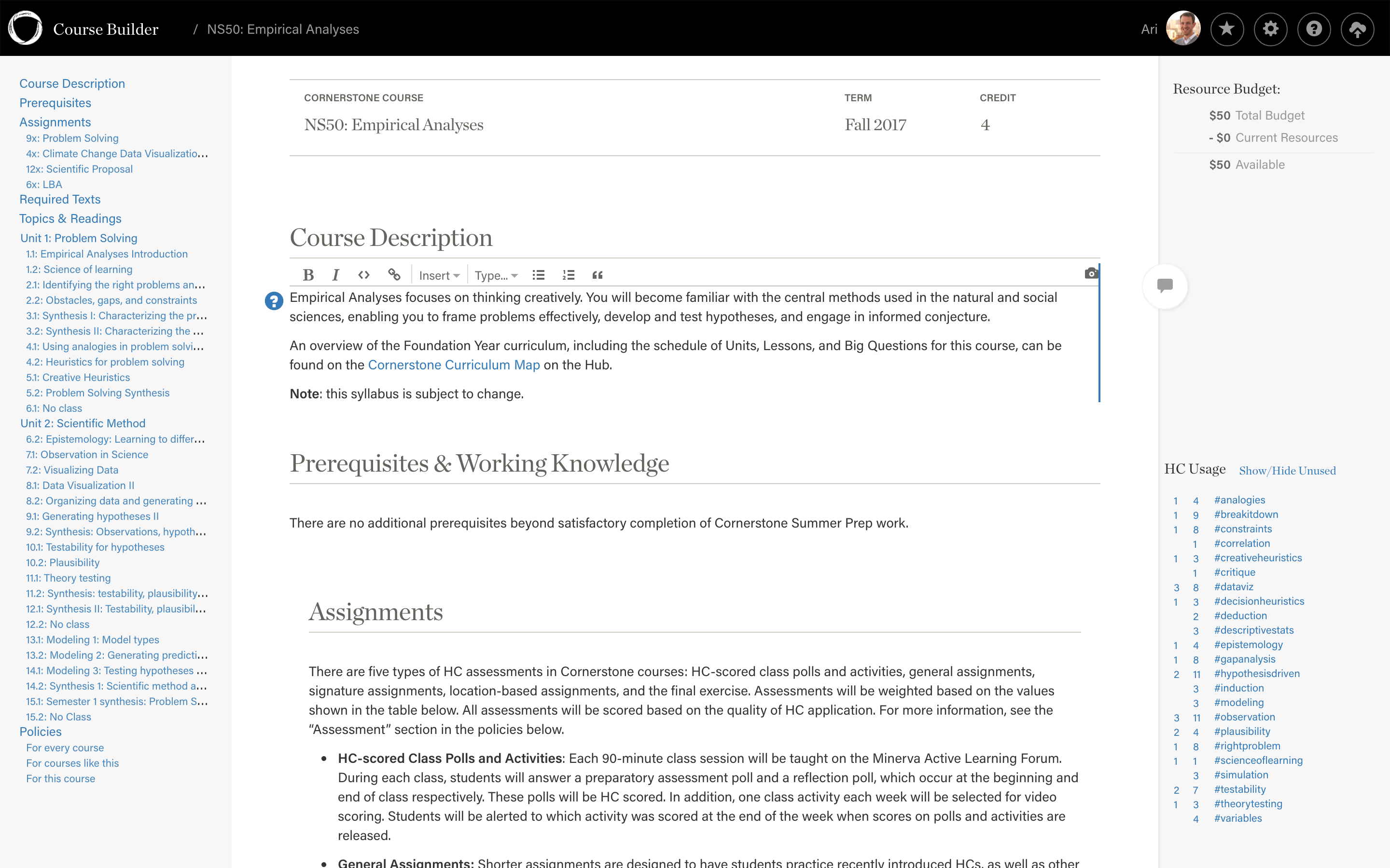 Screenshot of a course syllabus being edited in Course Builder