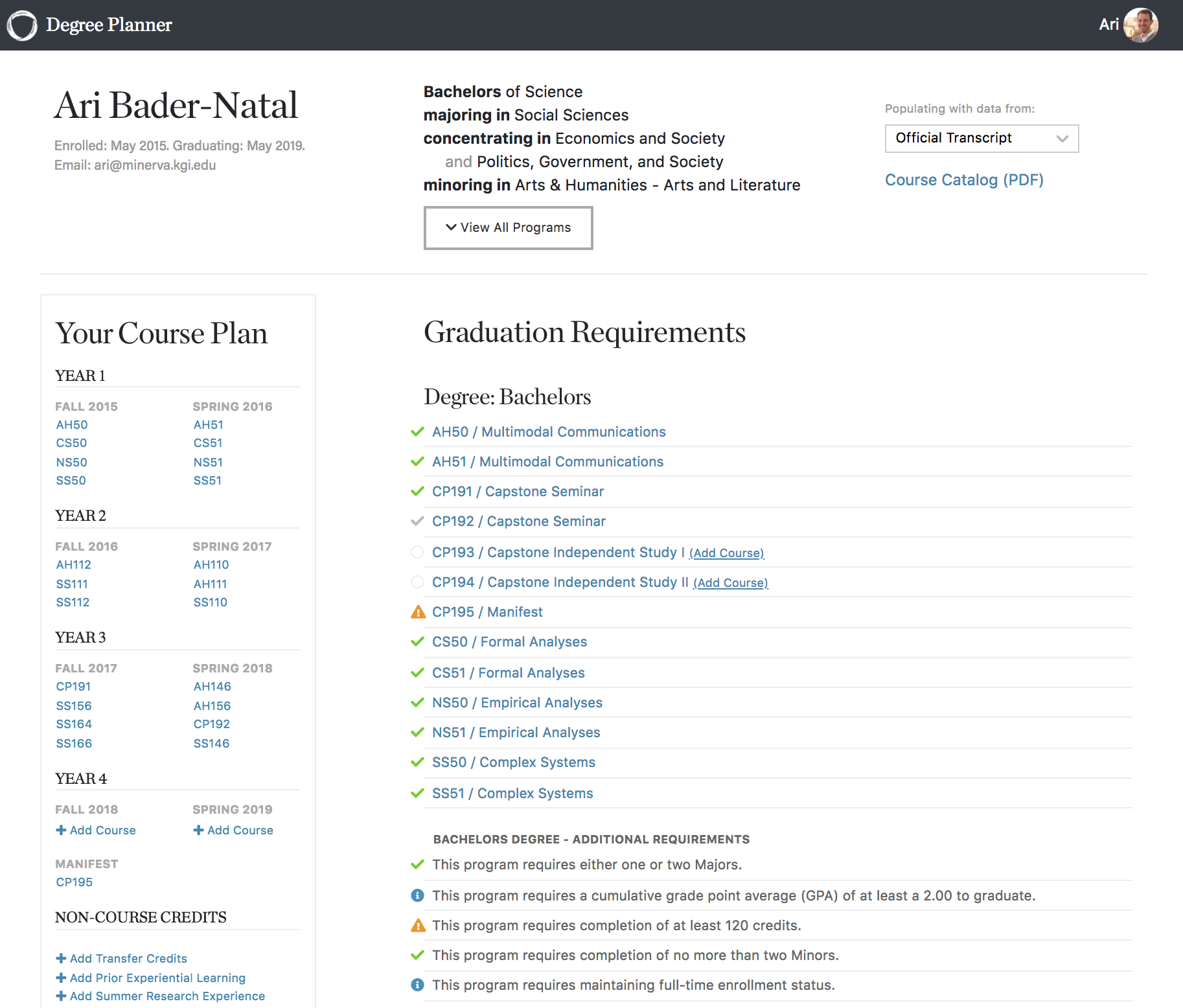 Screenshot of a course plan in the Degree Planner