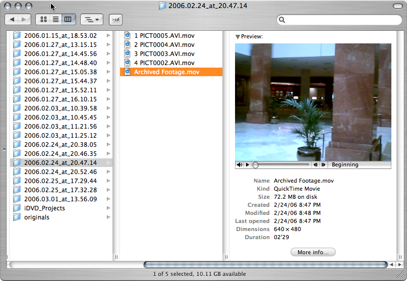Screenshot of Finder window displaying video files organized for each archive